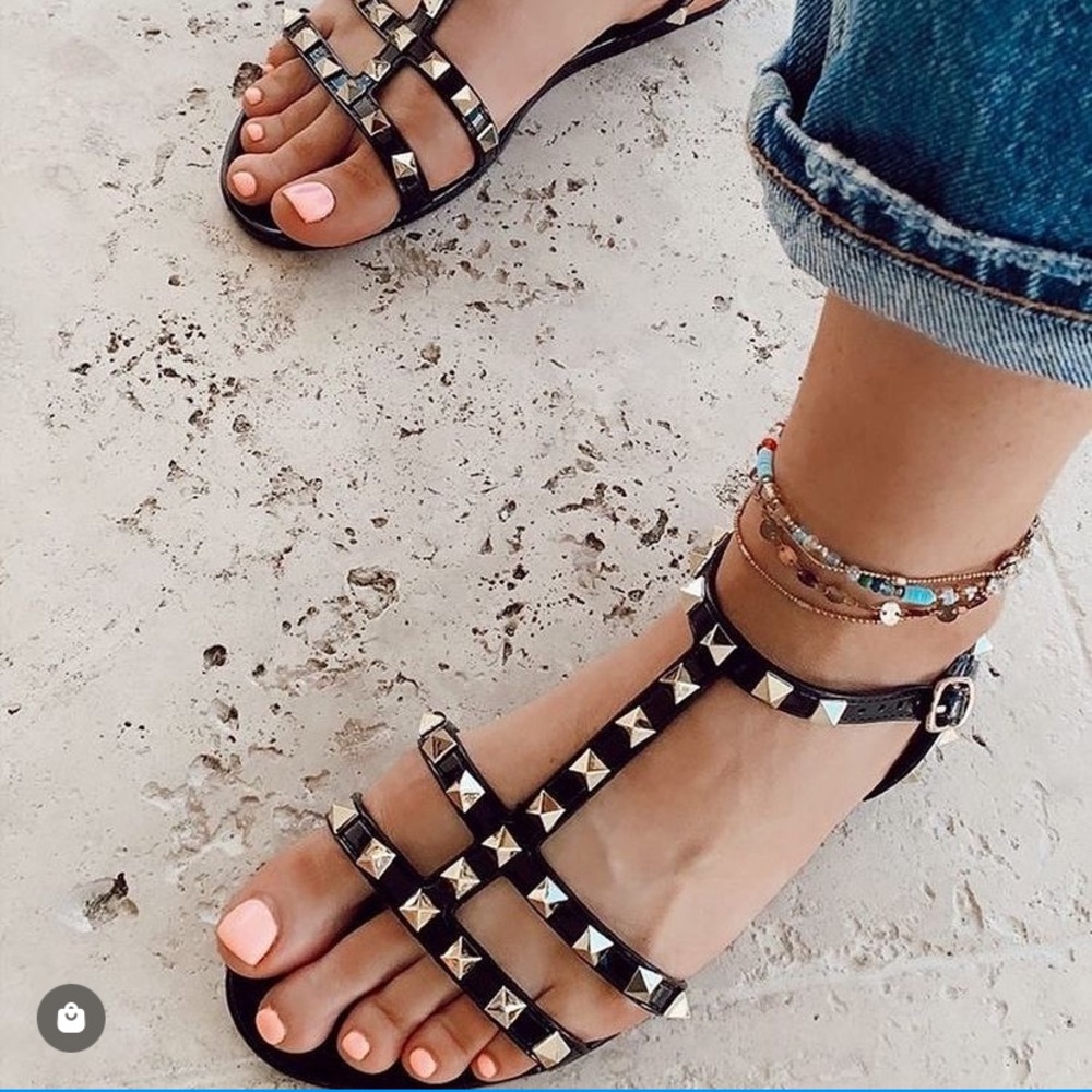 Studded Black T-Strap Women's Sandals